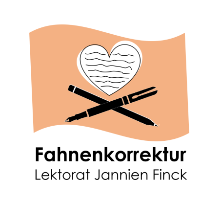 Logo Fahnenkorrektur Lektorat Jannien Finck, orange Fahne mit einem Herz aus Textzeilen und darunter zwei überkreuzte Stifte